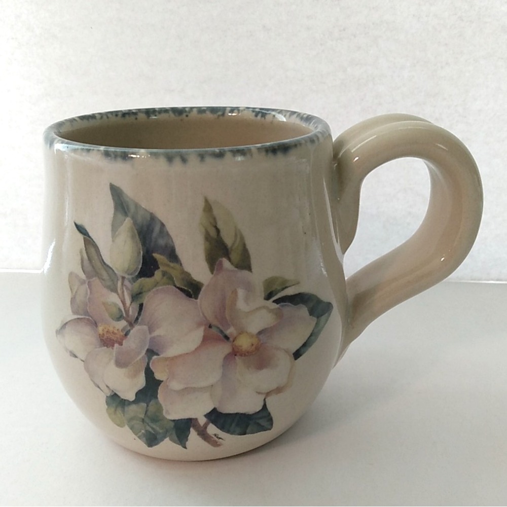 Home & Garden Party Mug Magnolia Floral Hand Made 2000 VTG Blue NICE!